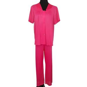 Vintage Nylon Satin Pajama Set Semi Sheer Pink Embroidered Womens M Hollywood